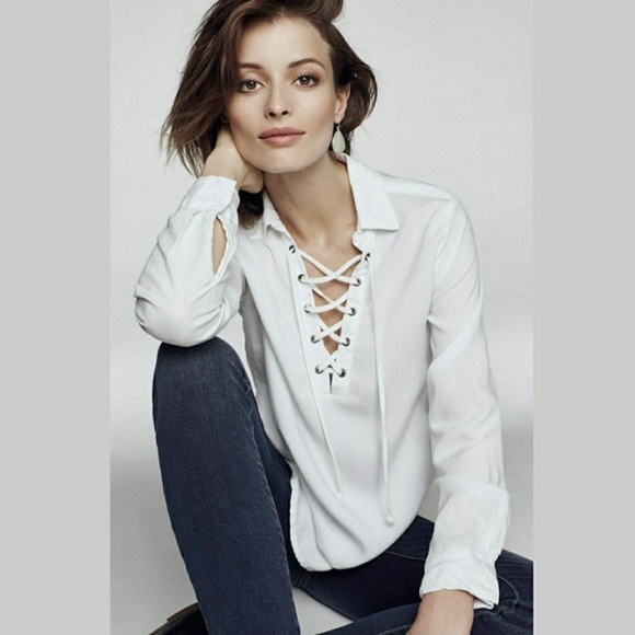 Anthropologie Cloth & Tone Lace Up Tencel Blouse - Picture 1 of 12
